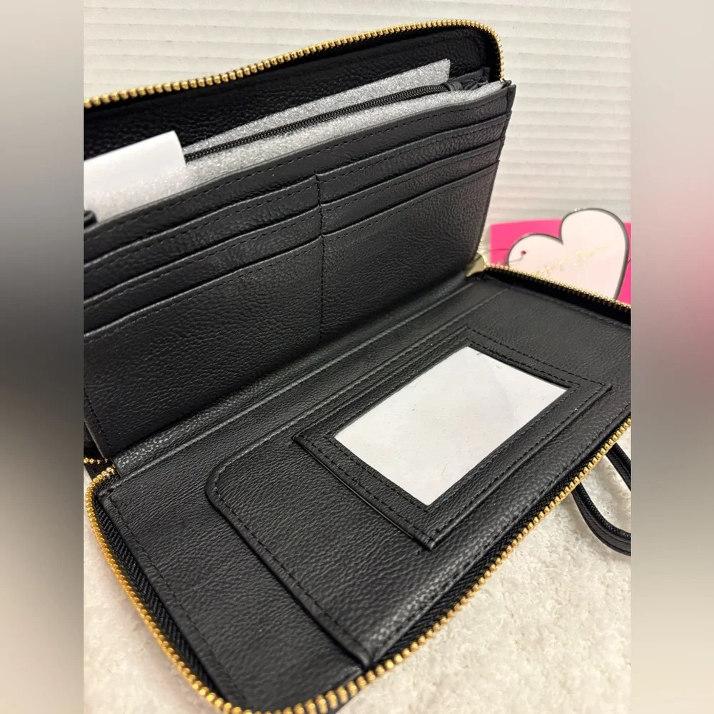 Betsey Johnson Black Zip Around Wristlet Wallet with Gold Accents NWT